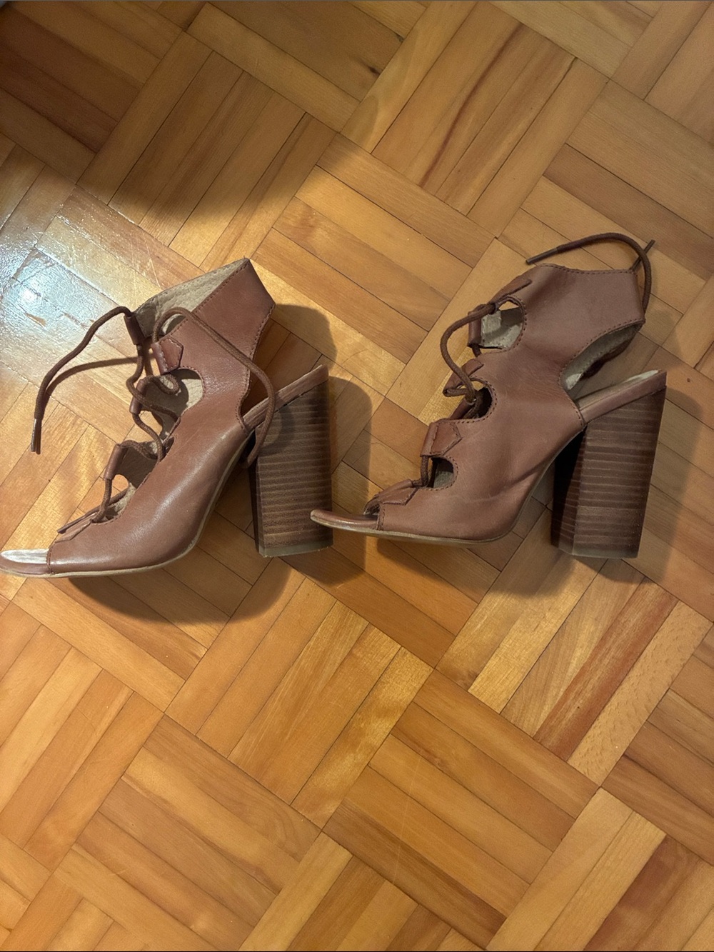 Brown Lace-Up Block Heel Sandals - Women